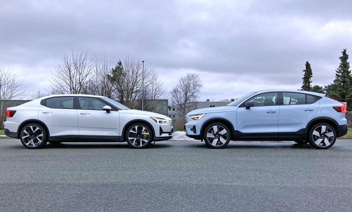 Polestar 2 og Volvo C40 side polestar volvo